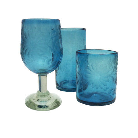 Blown Glass Tumblers, Short. Two Tone Aqua and Amber Glassware