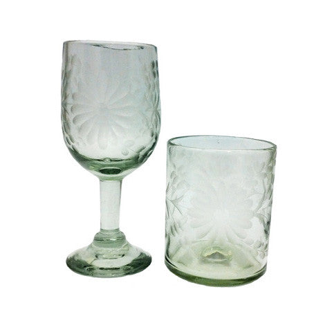 Hand Blown and Etched Glass - Stemless Wine Glass