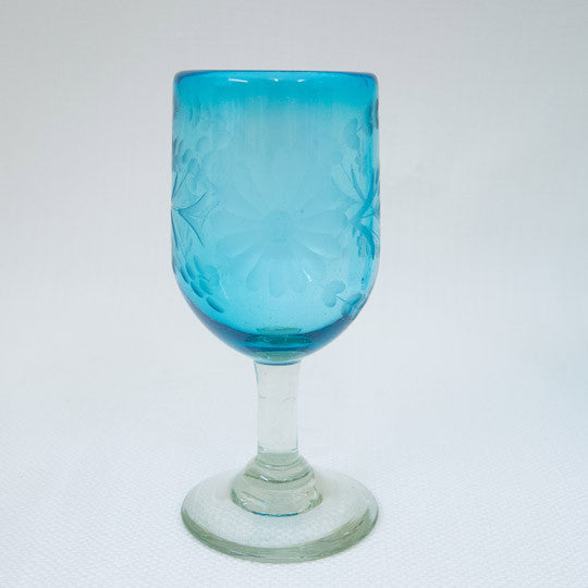 Aqua Handblown Etched Glassware